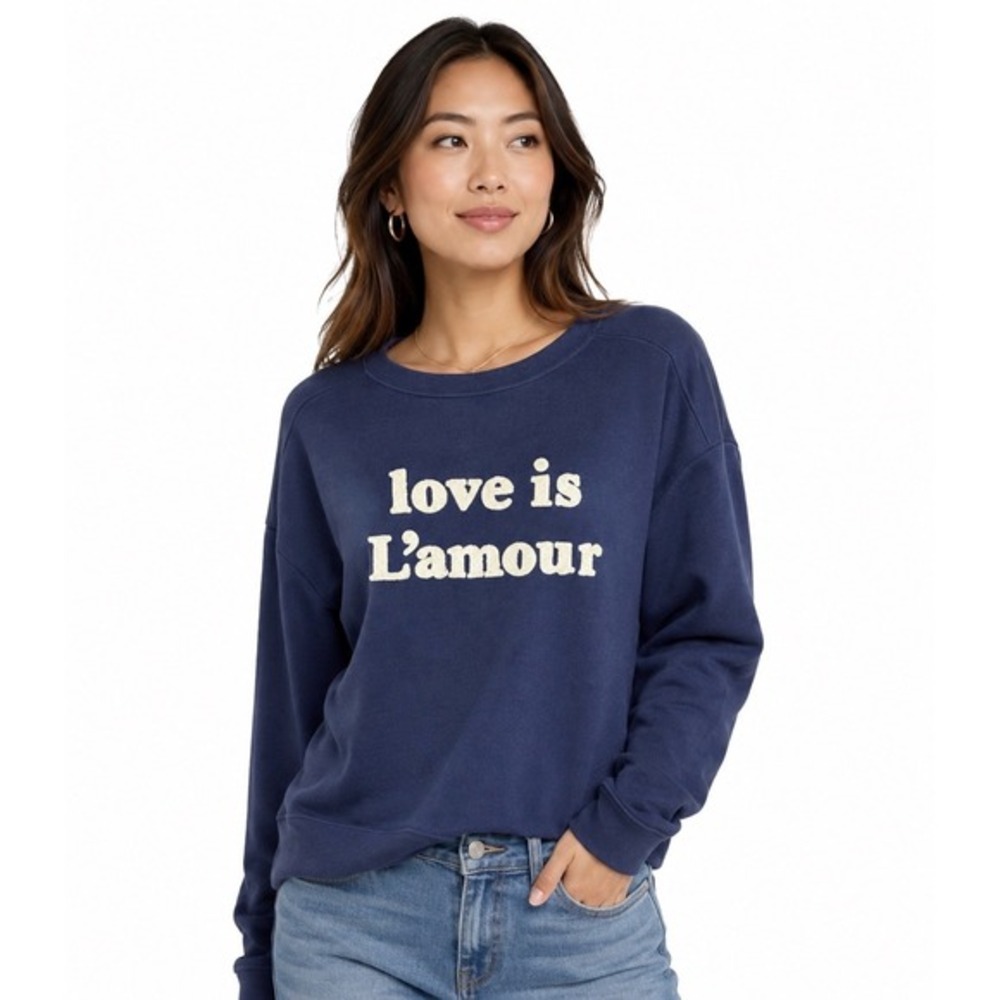 Old Navy Love Is L'amour Graphic Sweatshirt Navy Blue Crew Neck M French 59-06